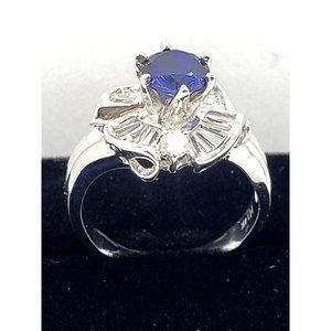 Cocktail Ring 14k white gold, Blue Cubic Zirconia Size 7.5